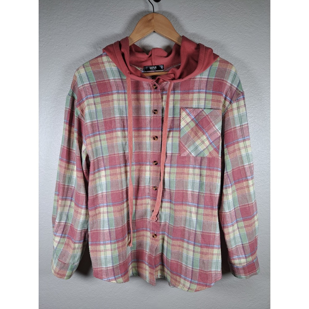Lexy Womens Plaid Hooded Flannel Shirt Red Green Button Up Medium